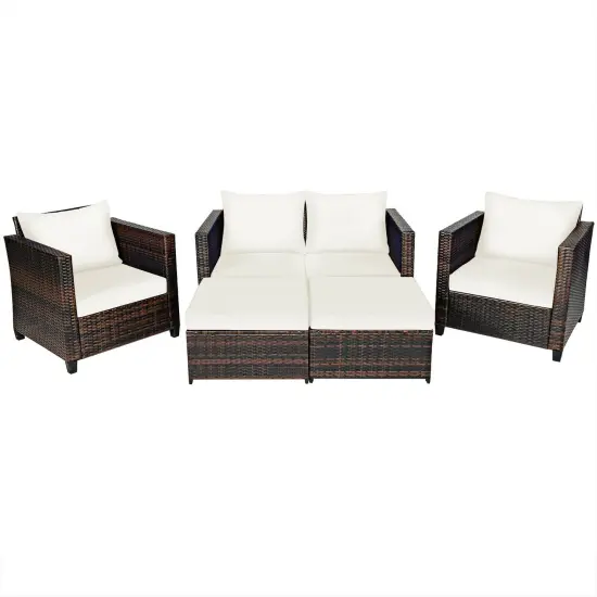 5 Pieces Patio Cushioned Rattan Furniture Set White {3}