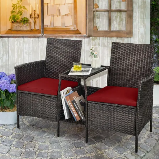 Patio Rattan Wicker Conversation Set Sofa Cushioned Loveseat Glass Table Red {6}