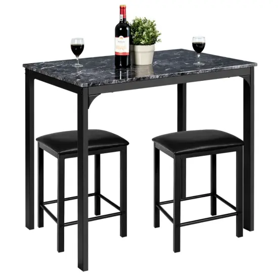 3 Piece Counter Height Dining Set Faux Marble Table Black {4}