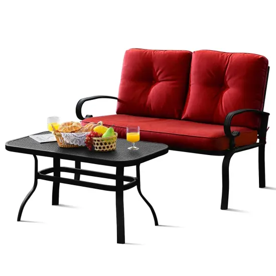2 Pieces Patio Loveseat Bench Table Furniture Set with Cushioned Chair Red {3}