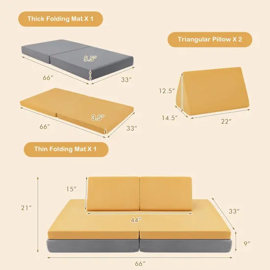 4-Piece Convertible Kids Couch Set with 2 Folding Mats Yellow {4}