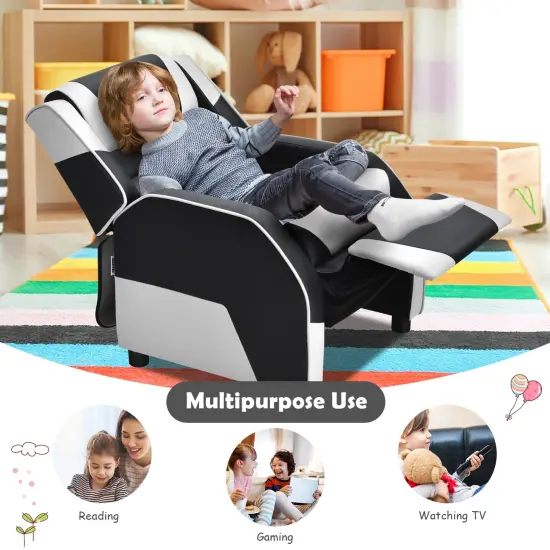 Kids Youth PU Leather Gaming Sofa Recliner with Headrest and Footrest White {6}