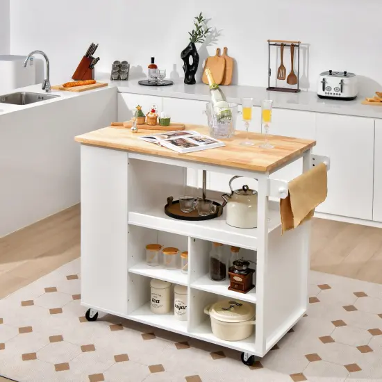 Kitchen Island Trolley Cart on Wheels with Storage Open Shelves and Drawer-White {1}