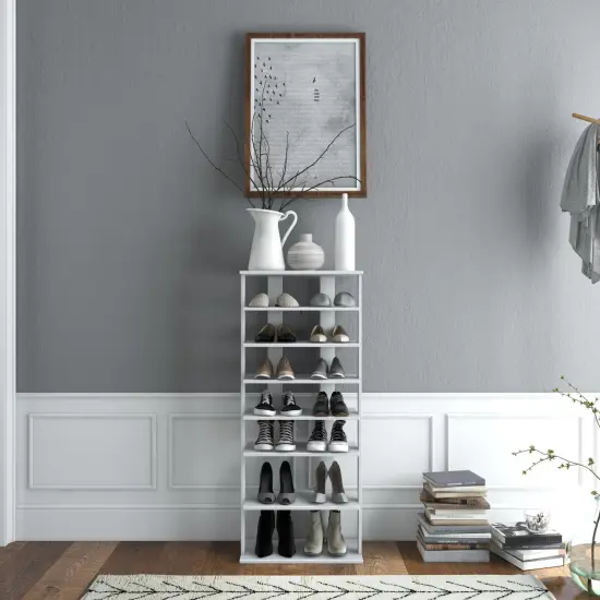 7-Tier Dual 14 Pair Shoe Rack Free Standing Concise Shelves Storage White {3}