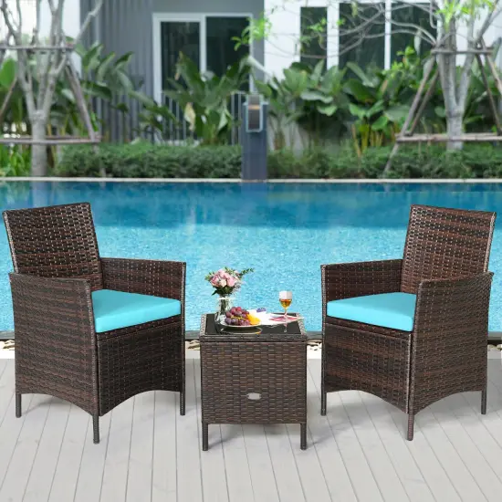 3 Pieces Patio Rattan Furniture Set Cushioned Sofa and Glass Tabletop Deck Blue {1}
