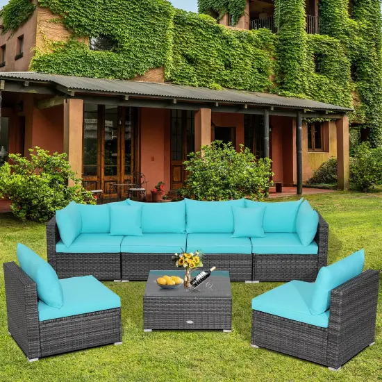 7 Pieces Patio Rattan Furniture Set Sectional Sofa Garden Cushion Turquoise {2}