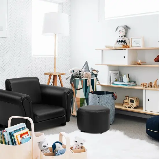 Kids Single Armrest Couch Sofa with Ottoman Black {3}