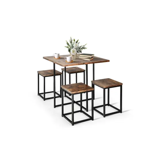 5 Pieces Metal Frame Dining Set with Compact Dining Table and 4 Stools Walnut - Black {2}