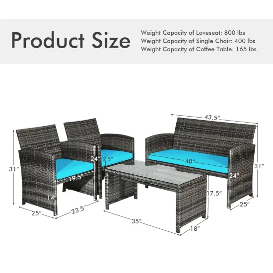 4 Pieces Patio Rattan Furniture Set with Glass Table and Loveseat Turquoise {5}