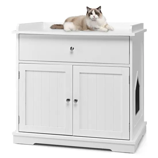Wooden Cat Litter Box Enclosure with Drawer Side Table Furniture White {4}