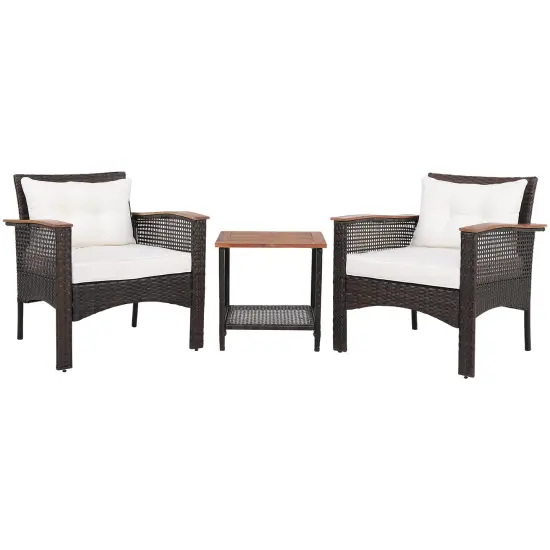 3 Pieces Patio Rattan Furniture Set with Acacia Wood Tabletop {1}