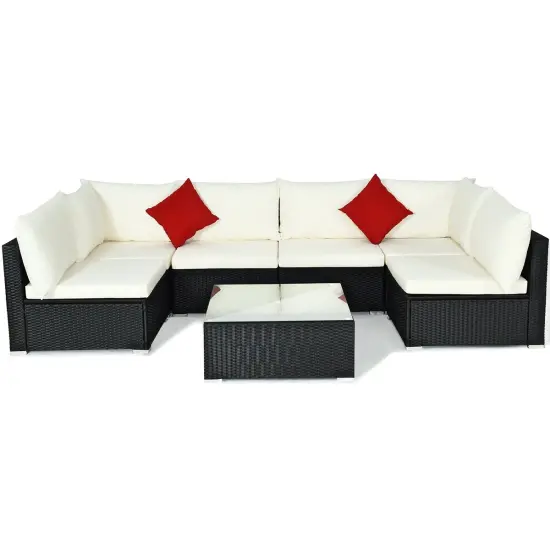 7 Pieces Sectional Wicker Furniture Sofa Set With Tempered Glass Top Beige {4}