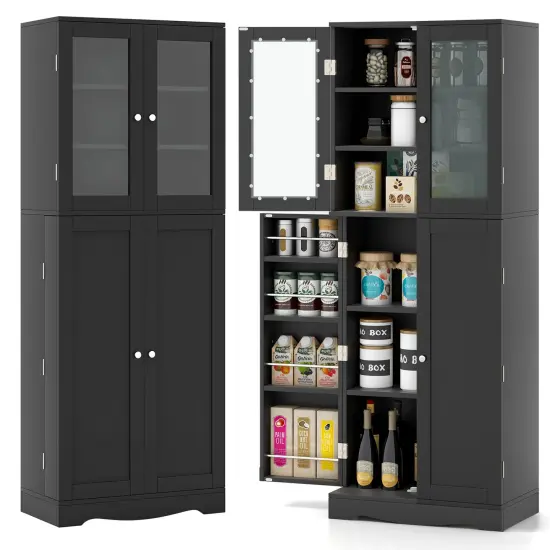 Tall Kitchen Pantry Cabinet with Dual Tempered Glass Doors and Shelves Black {4}