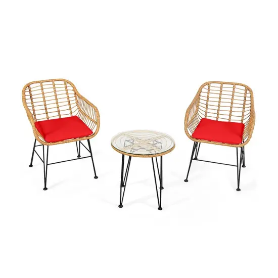 3 Pieces Rattan Furniture Set with Cushioned Chair Table Red {3}