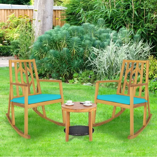 Patio Acacia Wood Rocking Chair Sofa with Armrest and Cushion for Garden and Deck Blue {6}
