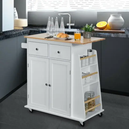 Rubber Wood Countertop Rolling Kitchen Island Cart Black {4}