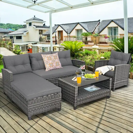 4 Pieces Patio Rattan Furniture Set With Cushion And Table Shelf Off-White {7}
