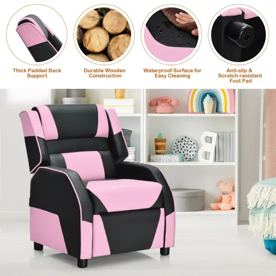 Kids Youth PU Leather Gaming Sofa Recliner with Headrest and Footrest Pink {6}