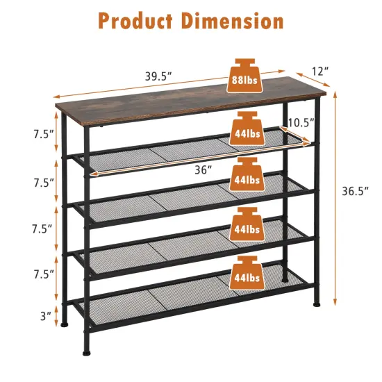 Rustic Brown Adjustable 5-Tier Metal Shoe Rack with 4 Shelves for 16-20 Pairs {5}