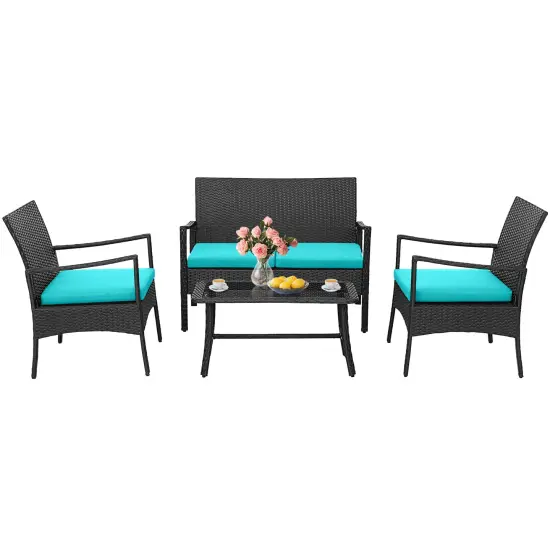 4 Pieces Outdoor Rattan Conversation Set with Tempered Glass Coffee Table Black And Turquoise {3}