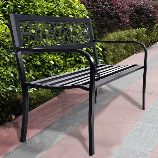 Garden Bench Deck with Steel Frame with Metal Mesh Backrest and Two Armrests {3}