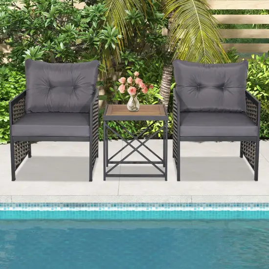 3 Piece Patio Rattan Furniture Set with Acacia Wood Tabletop Grey {2}