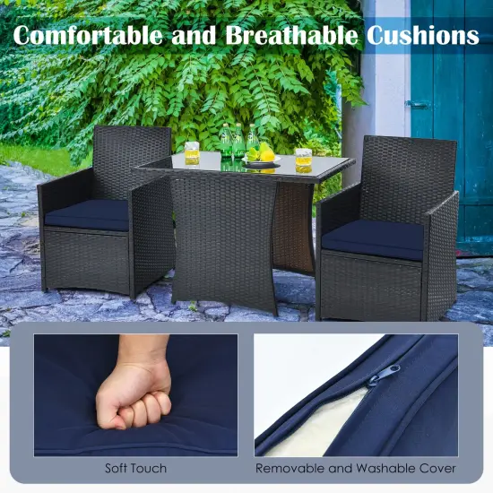 3 Pieces Patio Rattan Furniture Set with Cushion and Sofa Armrest Navy {5}