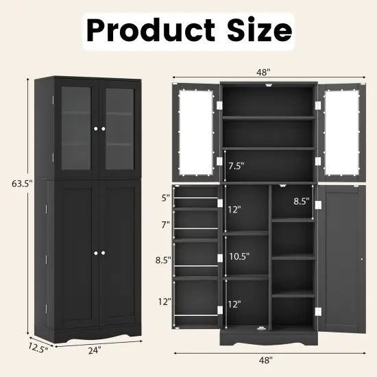 Tall Kitchen Pantry Cabinet with Dual Tempered Glass Doors and Shelves Black {5}