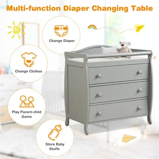 Baby Changing Table Infant Diaper with 3 Drawers and Safety Belt Grey {1}