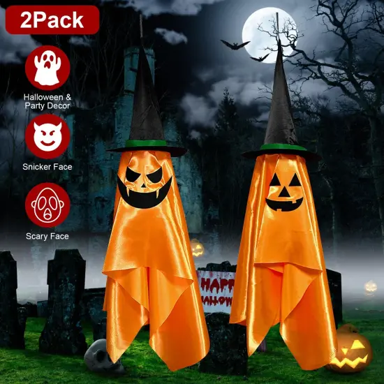 Halloween Party Hanging Decorations | 2 Pack Hanging Ghosts with Pumpkin Wizard Hat {2}