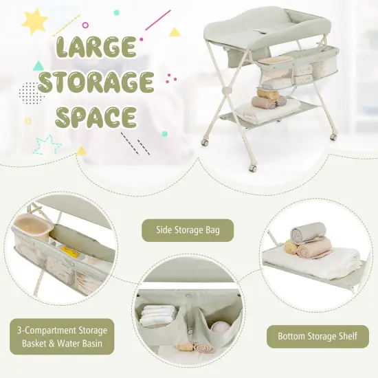 Baby Diaper Changing Table with Water Basin Wheel Green {1}