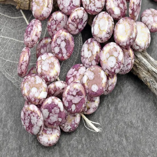 *10* 15mm Pink Luster Picasso Washed Alabaster Thick Coin Beads {3}
