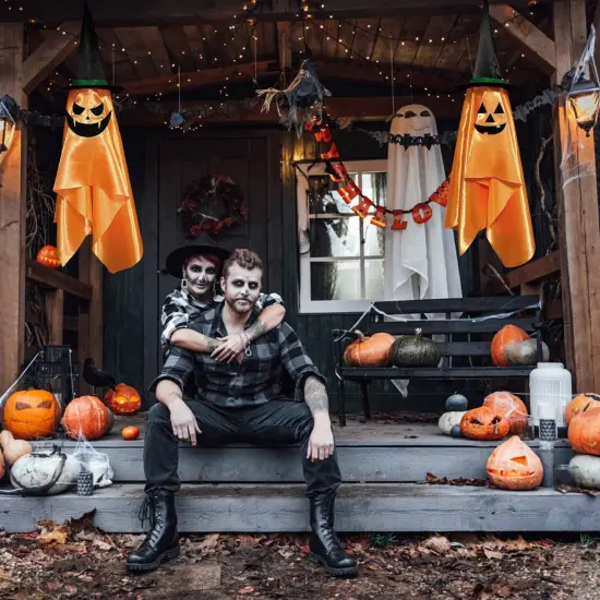 Halloween Party Hanging Decorations | 2 Pack Hanging Ghosts with Pumpkin Wizard Hat {6}