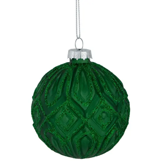 Northlight Glitter Lined Diamonds Glass Christmas Ball Ornament - 3" (80mm) - Green - 4ct {1}