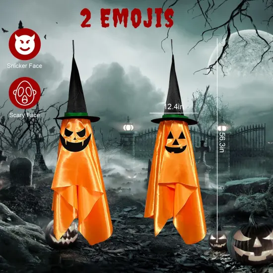 Halloween Party Hanging Decorations | 2 Pack Hanging Ghosts with Pumpkin Wizard Hat {3}