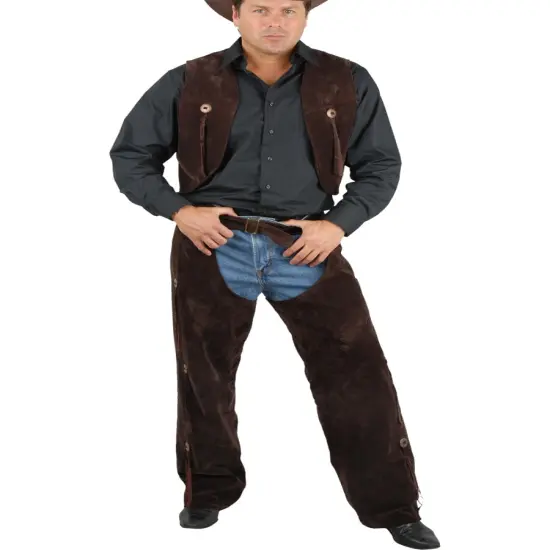 Men's Range Rider Cowboy Costume Brown Faux Suede Chaps and Vest {1}