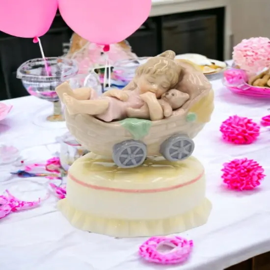 Ceramic Little Girl in Baby Stroller Music Box, Gift for New Mom, Nursery Room Decor, Home Decor, Baby Shower Gift {2}