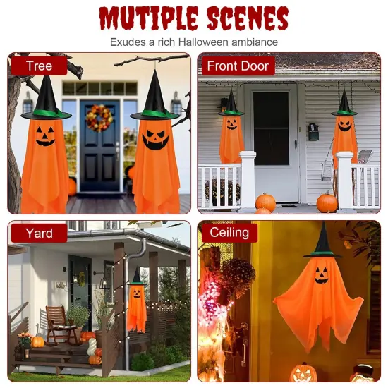 Halloween Party Hanging Decorations | 2 Pack Hanging Ghosts with Pumpkin Wizard Hat {4}
