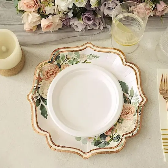 25 WHITE 10" Floral Paper Salad DINNER PLATES ROSE GOLD Scallop Rim Party Events {3}