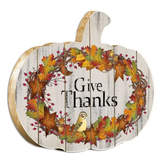Give Thanks - By Artisan Linda Spivey Printed on Wooden Pumpkin Wall Art {1}