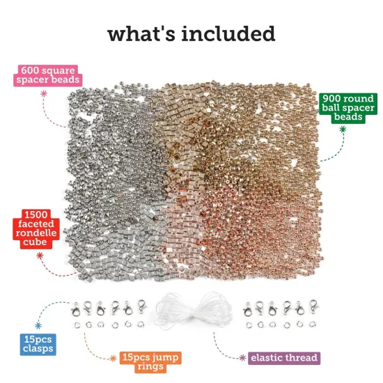 Incraftables 3000pcs Spacer Beads Set for Jewelry Making (Gold, Silver & Rose Gold). Best Rondelle Cube, Round Ball & Square Spacers Bead Kit for DIY Bracelet with Clasps, Elastic String & Organizer {3}