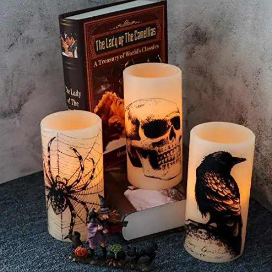 Eldnacele Halloween Flickering Candles with Skull, Spider Web, Crow Raven Decals Set of 3, Battery Operated Halloween Themed LED Candles Horror Spooky Decoration {6}