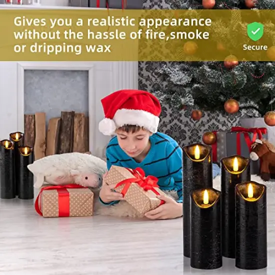 Set of 9 Black Regular Textured Flameless Candles Battery Operated LED Real Wax Flickering Electric Candles with Remote Control Timer for Wedding Birthday Halloween Christmas Decorations {4}