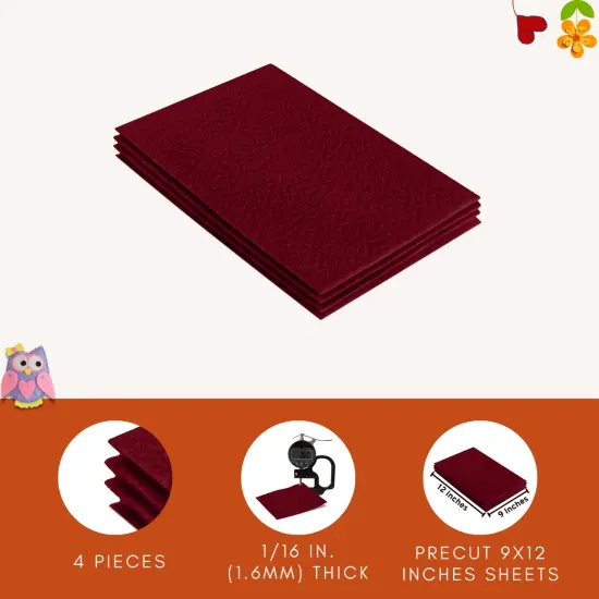FabricLA Acrylic Felt Sheets for Crafts - Precut 9" X 12" Inches (20 cm X 30 cm) Felt Squares - Use Felt Fabric Craft Sheets for DIY, Costume, and Decoration | Red - 4 Pieces {4}