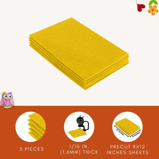 FabricLA Acrylic Felt Sheets for Crafts - Precut 9" X 12" Inches (20 cm X 30 cm) Felt Squares - Use Felt Fabric Craft Sheets for DIY, Costume, and Decoration | Yellow - 5 Pieces {4}