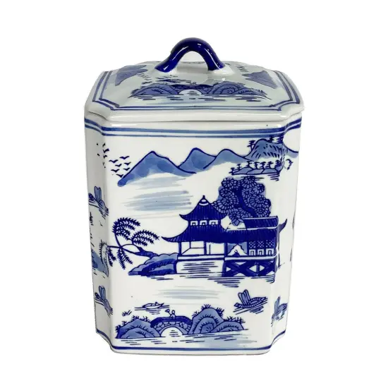 Kingston Living Ceramic Rectangular Jar with Lid - 8" - Blue and White {1}