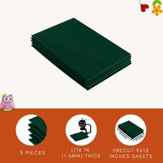 FabricLA Acrylic Felt Sheets for Crafts - Precut 9" X 12" Inches (20 cm X 30 cm) Felt Squares - Use Felt Fabric Craft Sheets for DIY, Hobby, Costume, and Decoration | Hunter Green - 5 Pieces {5}