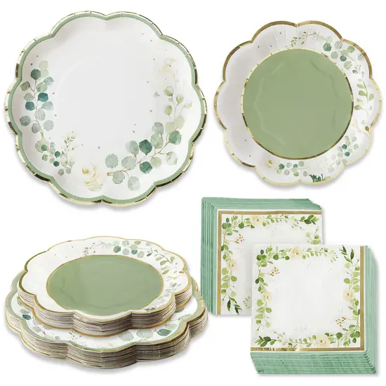 Kate Aspen Sage Green Party Decorations, Eucalyptus Floral Botanical Garden 62 Piece Party Tableware Set (16 Guests)- Perfect for Greenery Baby Shower & Bridal Showers {1}