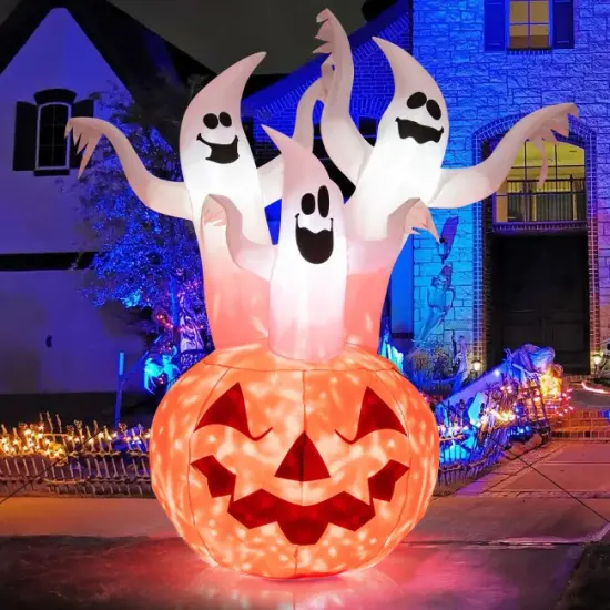 6 Feet Inflatable Halloween Three White Ghosts with Pumpkin Decor and Rotating Lamp {4}