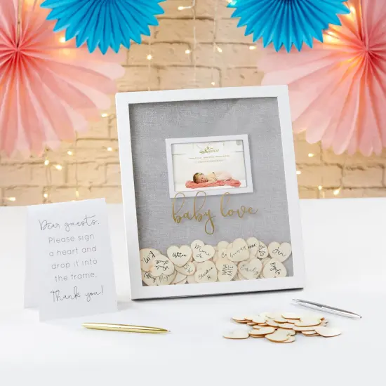 Kate Aspen Baby Shower Guest Book Alternative, with 30 Blank Wooden Hearts, Traditional Guest Book, Picture Frame {1}